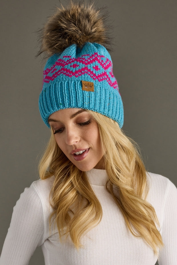 TURQUOISE & PINK POM HAT
