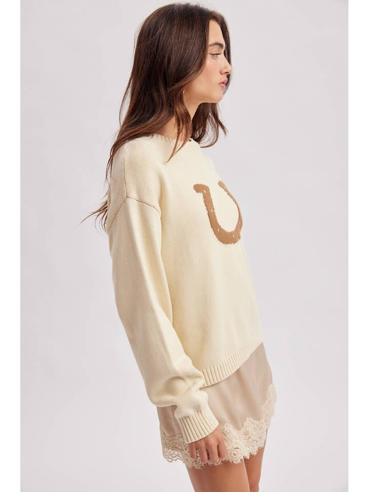 CREAM HORSESHOE CREW NECK SWEATER