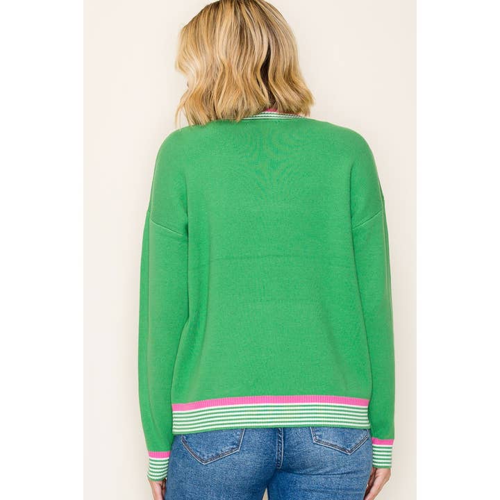 GREEN VARSITY TRIM SWEATER