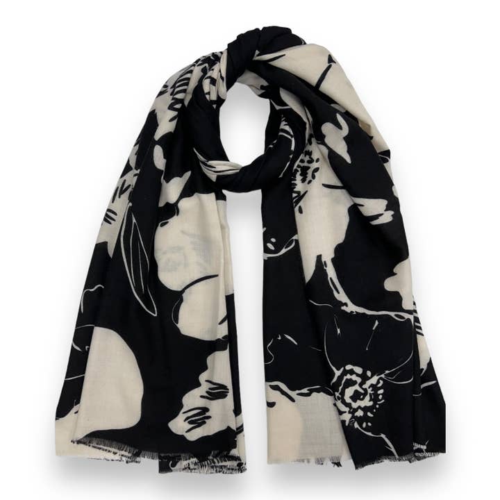 BLACK & CREAM SKETCH FLOWER PRINT SCARF