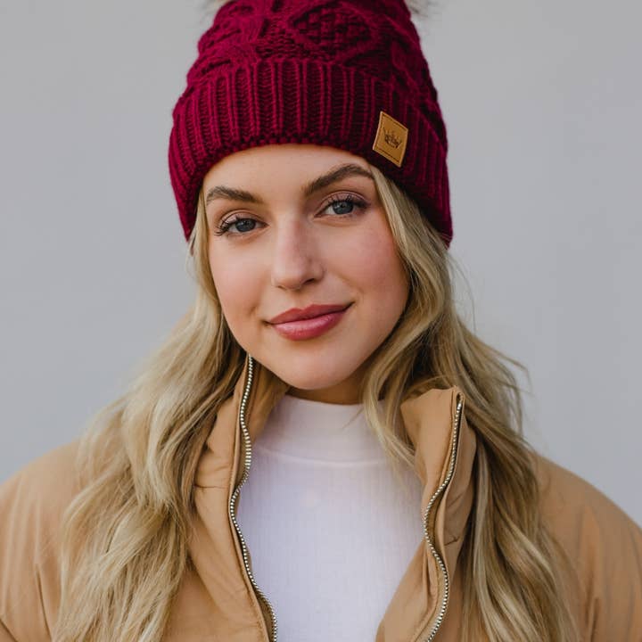 BURGUNDY CABLE KNIT POM HAT