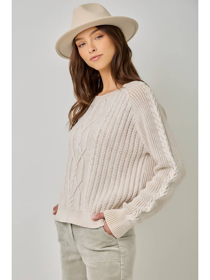 REGAN WASHED ALMOND CABLE SWEATER