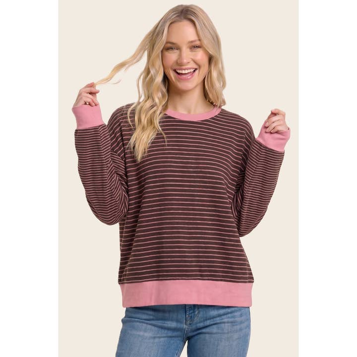 PINK MICRO BRUSHED STRIPE CREW SWEATSHIRT