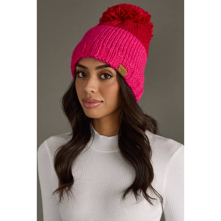 RED & PINK COLORBLOCK POM HAT
