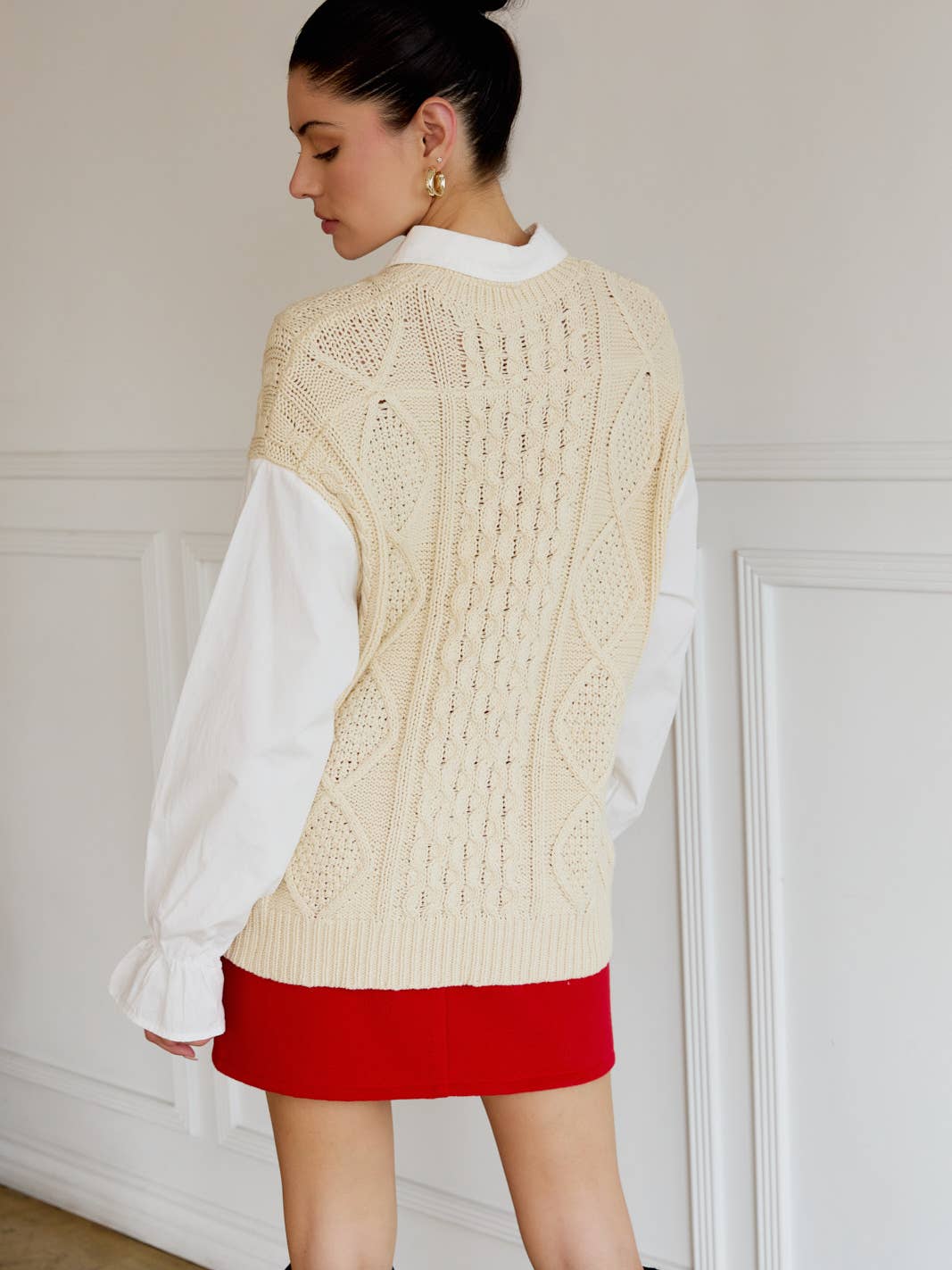 CREAM CABLE KNIT COMBO SWEATER VEST/SHIRT