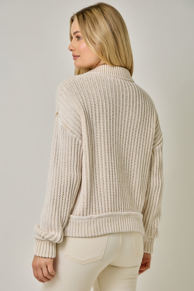 WASHED ALMOND RIBBED ZIP UP SWEATER