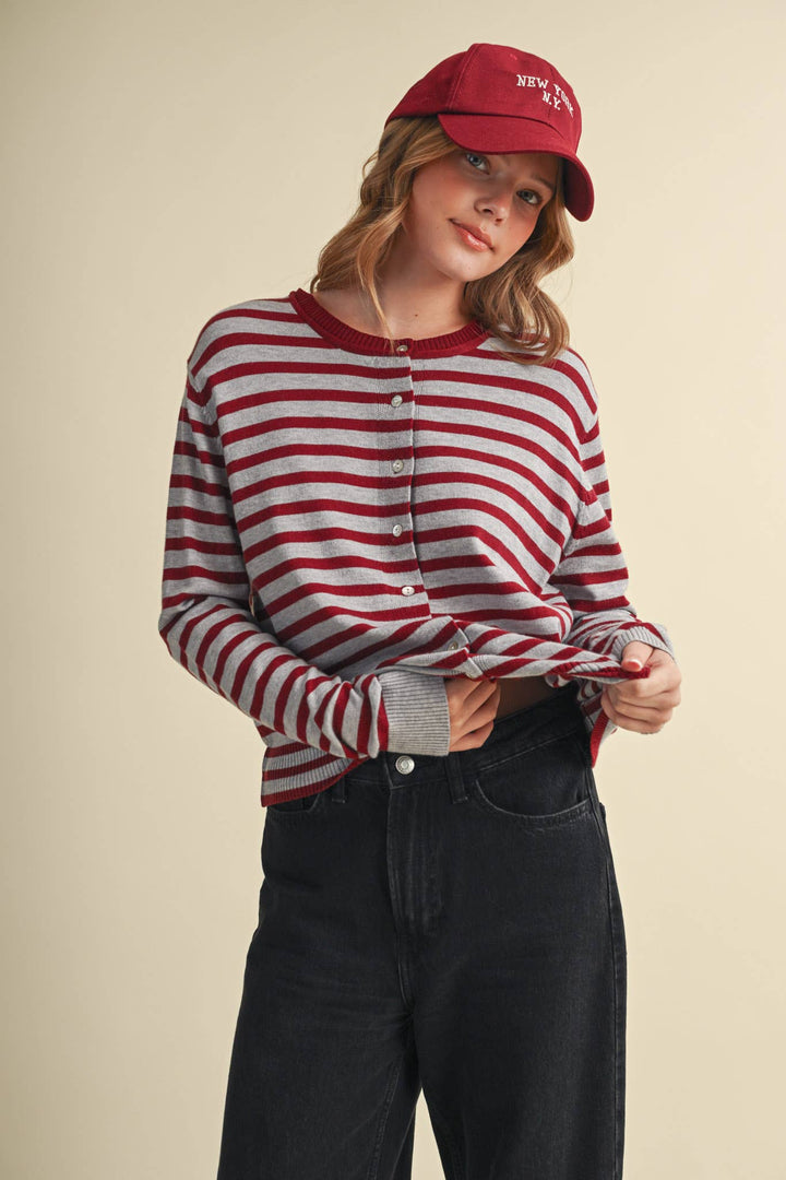 MAROON CAMPUS STRIPE CARDIGAN
