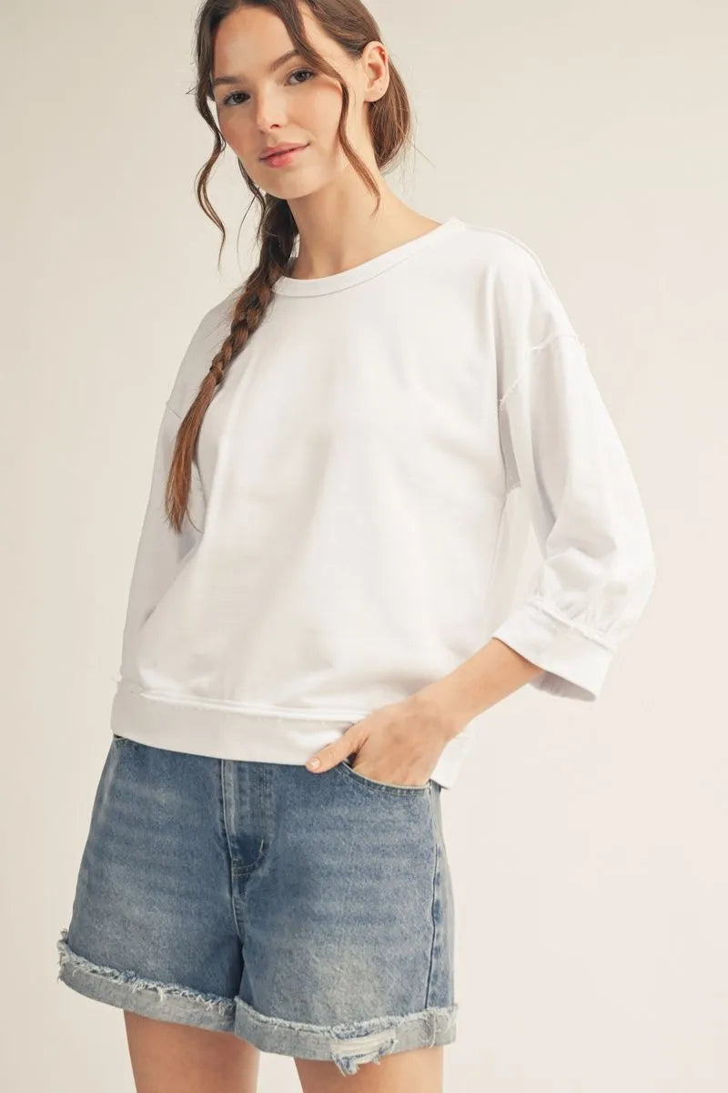 WHITE 3/4 CASUAL CREW SWEATSHIRT
