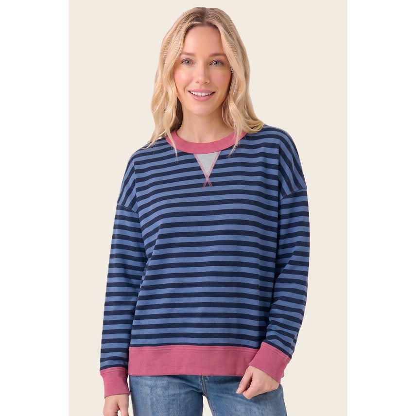 NAVY & FUCHSIA COLOR POP STRIPE CREW SWEATSHIRT
