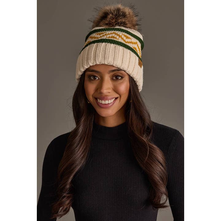 CREAM, GREEN & GOLD PATTERNED POM HAT