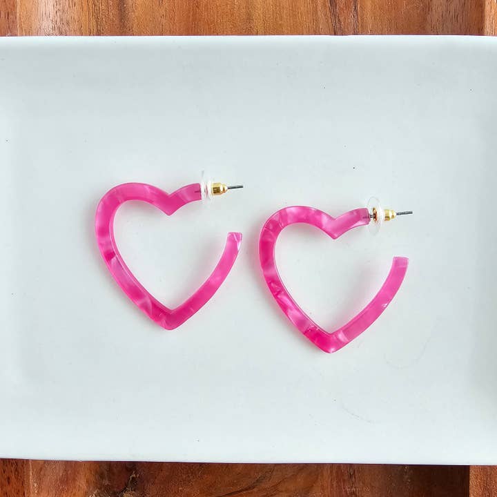 HOT PINK HEART HOOP EARRINGS