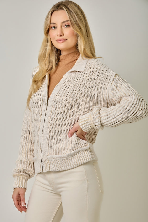 WASHED ALMOND RIBBED ZIP UP SWEATER