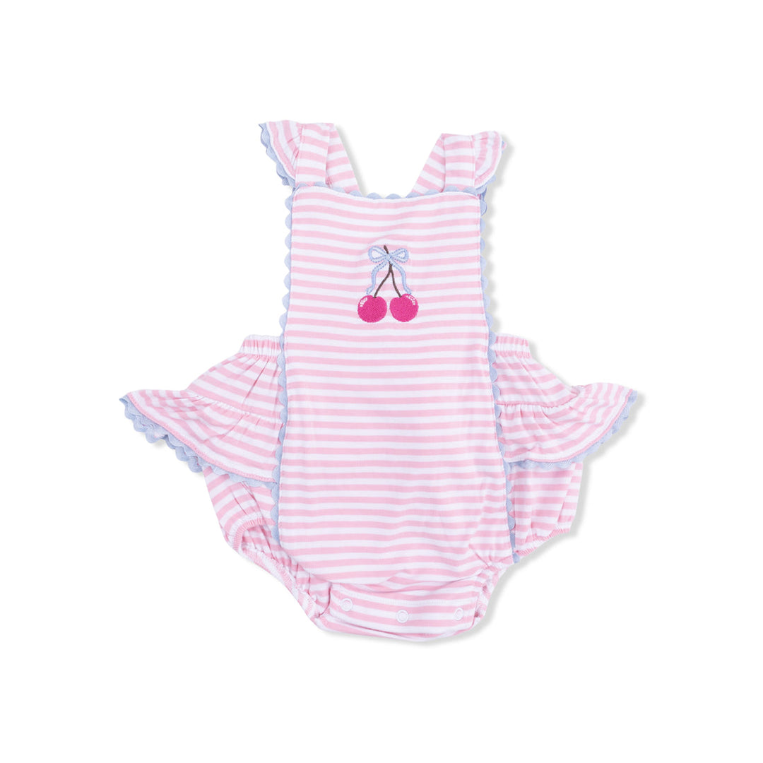 CHERRY STRIPE RIC RAC RUFFLE SUNSUIT