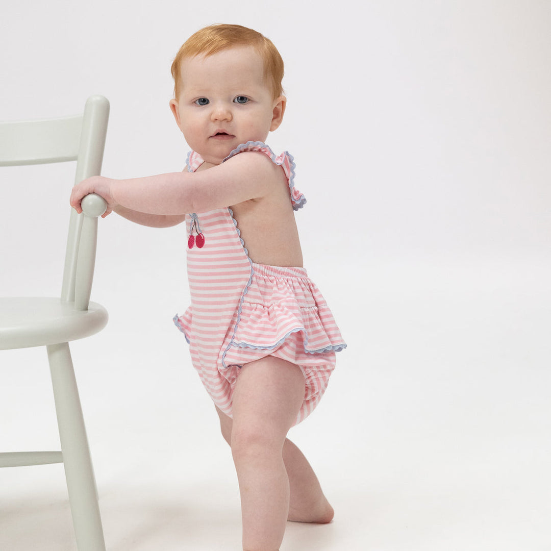 CHERRY STRIPE RIC RAC RUFFLE SUNSUIT