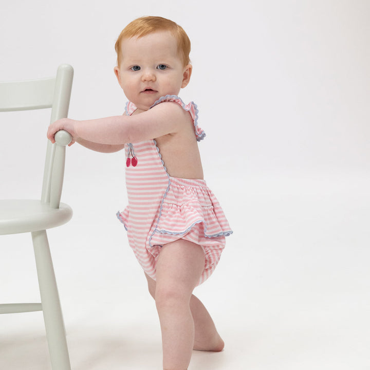 CHERRY STRIPE RIC RAC RUFFLE SUNSUIT