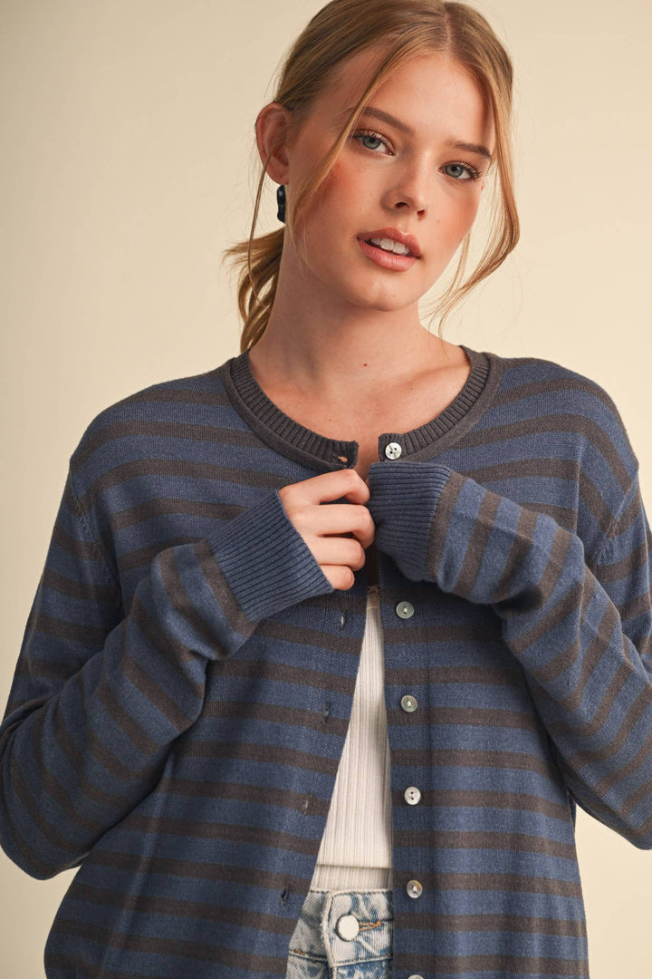 DENIM CAMPUS STRIPE CARDIGAN