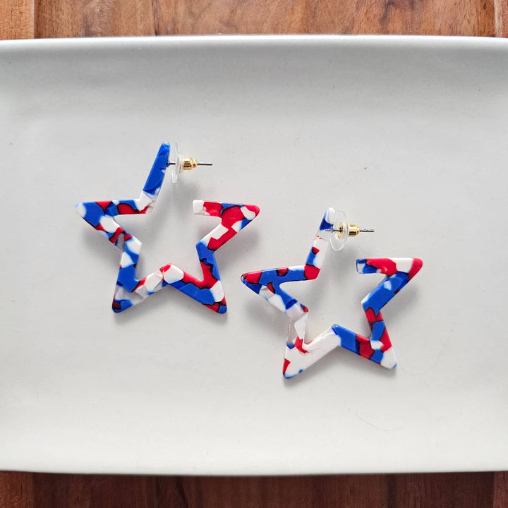 RED WHITE & BLUE STAR HOOP EARRINGS