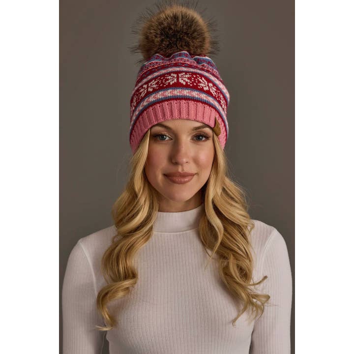 PINK, RED & BLUE FESTIVE PATTERNED POM HAT
