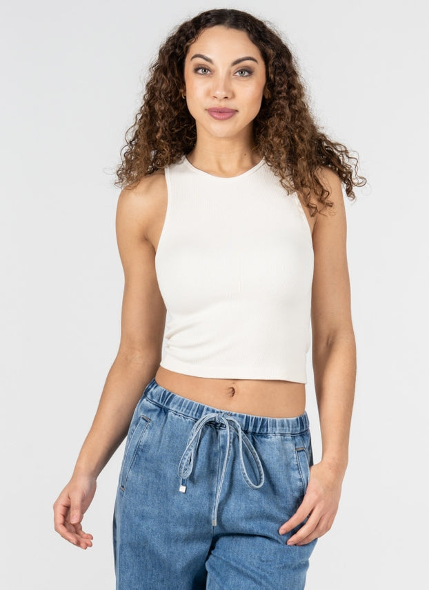 IVORY RIBBED CROP TANK