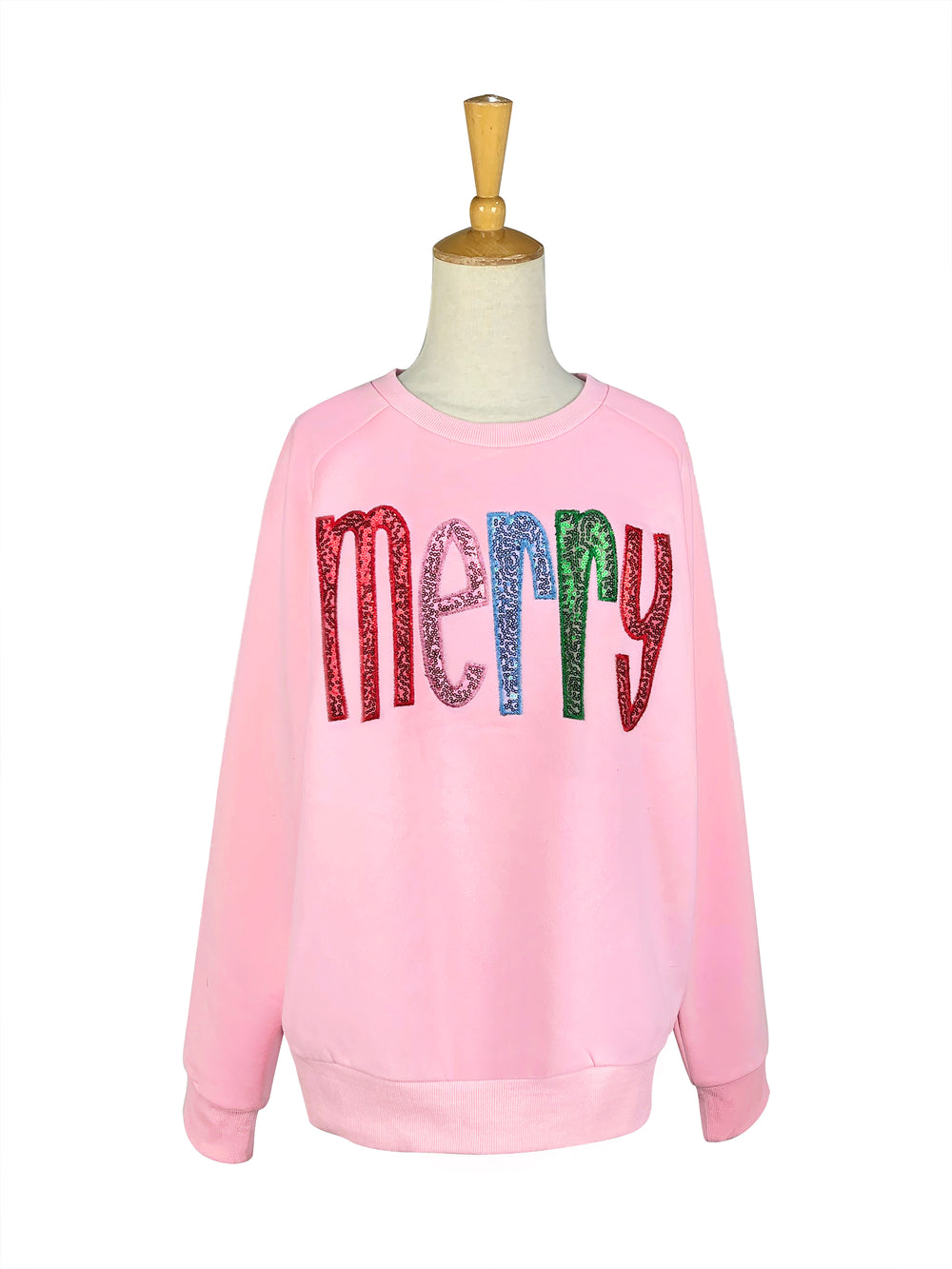 PINK SEQUIN MERRY CREW SWEATSHIRT

