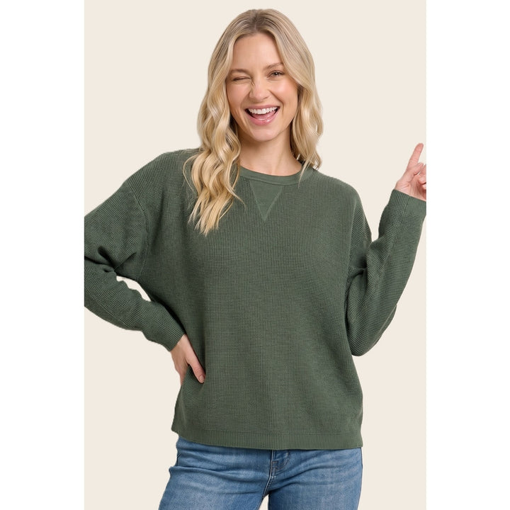 GREEN WAFFLE TEXTURE CREW SWEATER