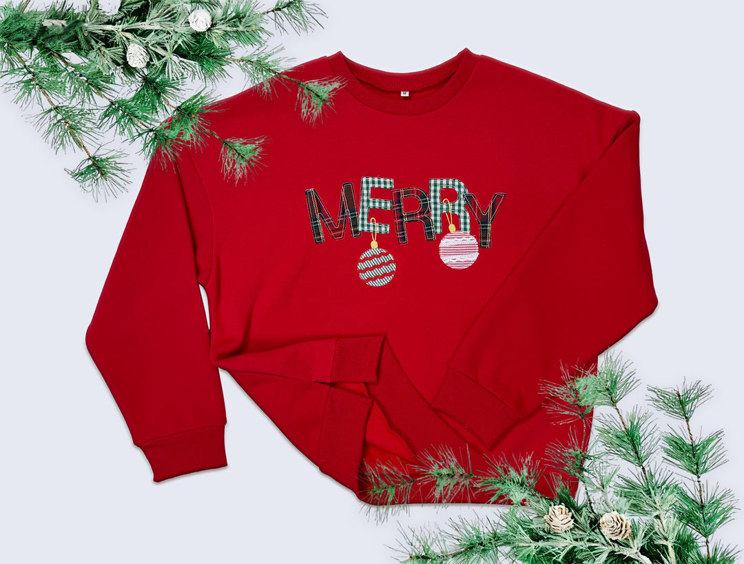 MERRY ORNAMENTS RED SWEATSHIRT