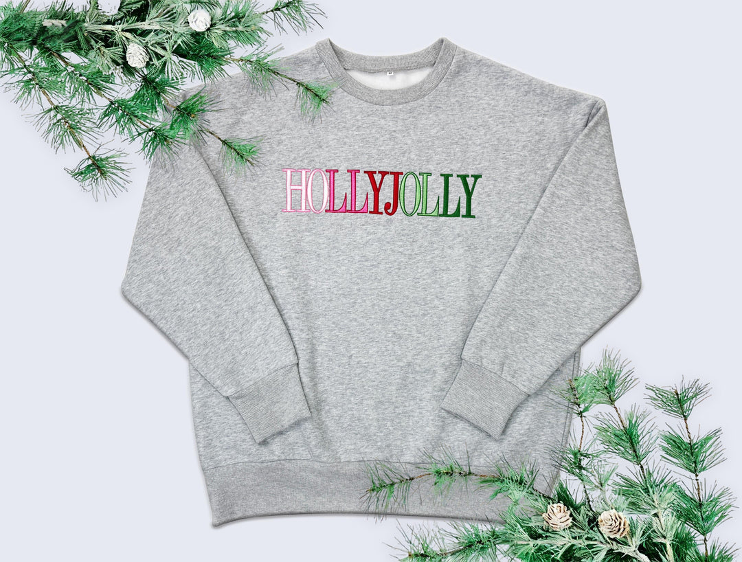 HOLLY JOLLY EMBROIDERED CREW SWEATSHIRT