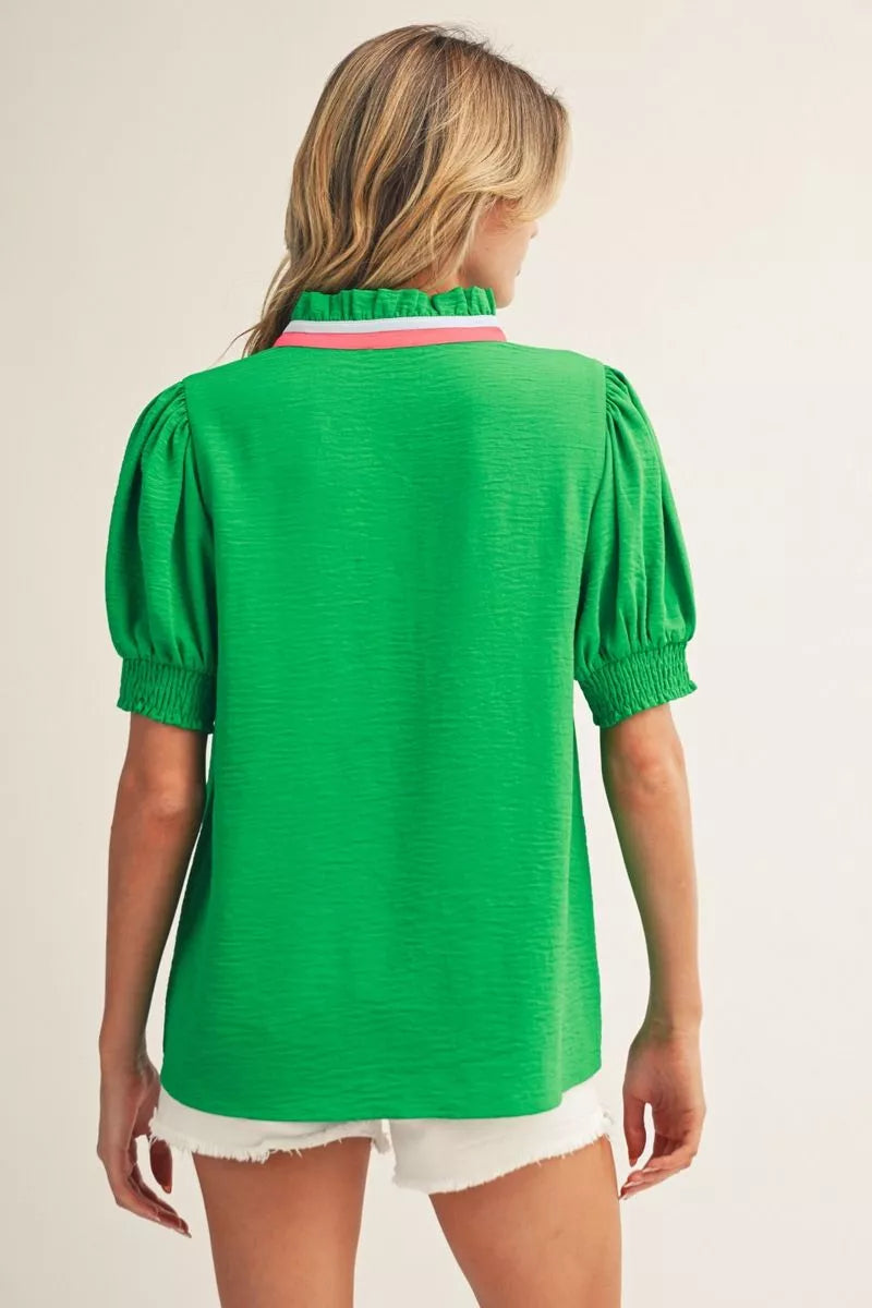 ANNA KELLY GREEN COLOR CONTRAST PUFF SLEEVE TOP
