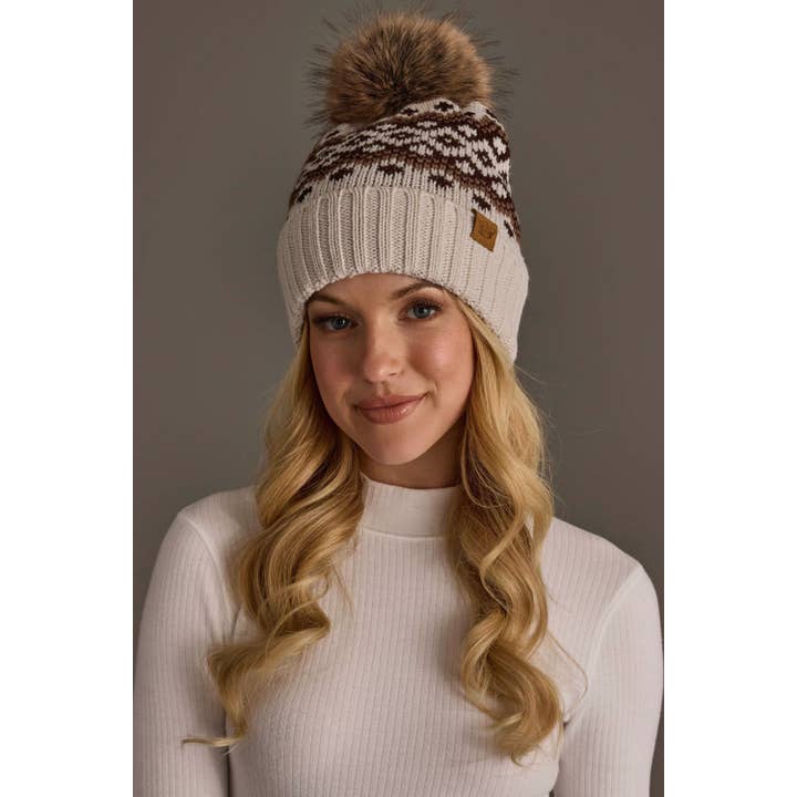 TAUPE, BROWN & MOCHA PATTERNED POM HAT
