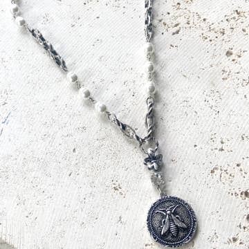SILVER FRENCH BEE COIN & PEARL VINTAGE NECKLACE