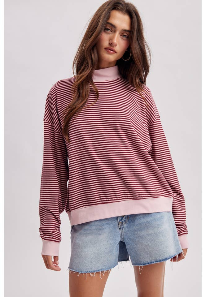 BURGUNDY & PINK STRIPE MOCK NECK SWEATSHIRT