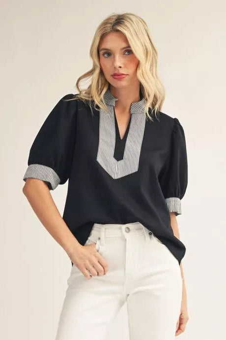 CHARLIE BLACK PUFF SLEEVE TOP WITH PINSTRIPE TRIM