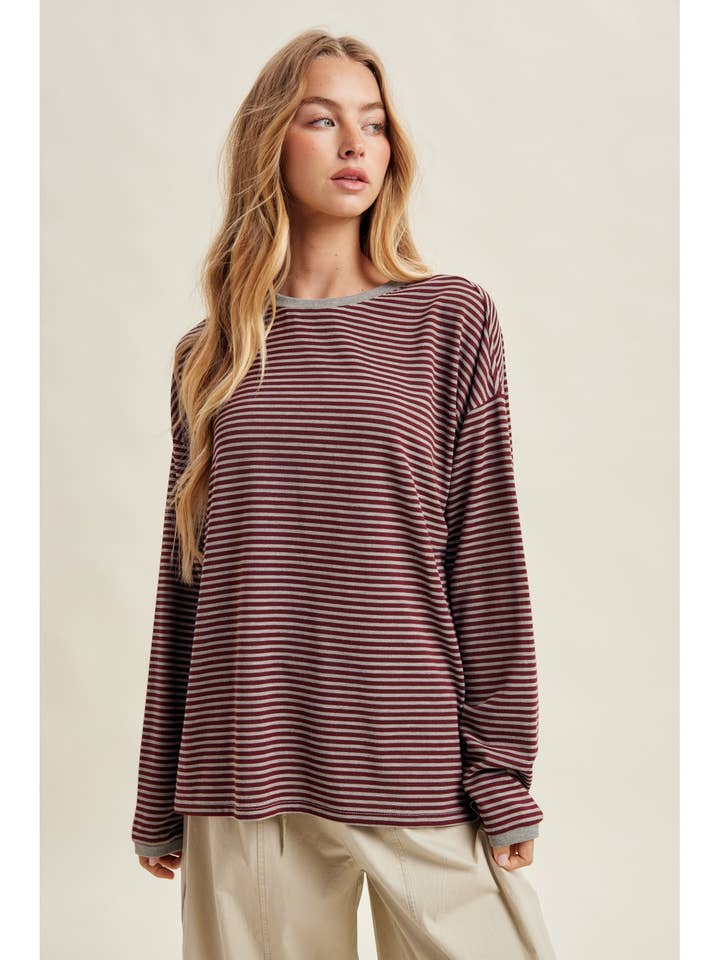 BURGUNDY & HEATHER GREY STRIPE EASY FIT KNIT TOP
