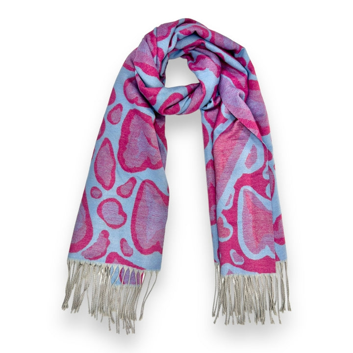 LIGHT BLUE & FUCHSIA LEOPARD HEART REVERSIBLE PRINT SCARF