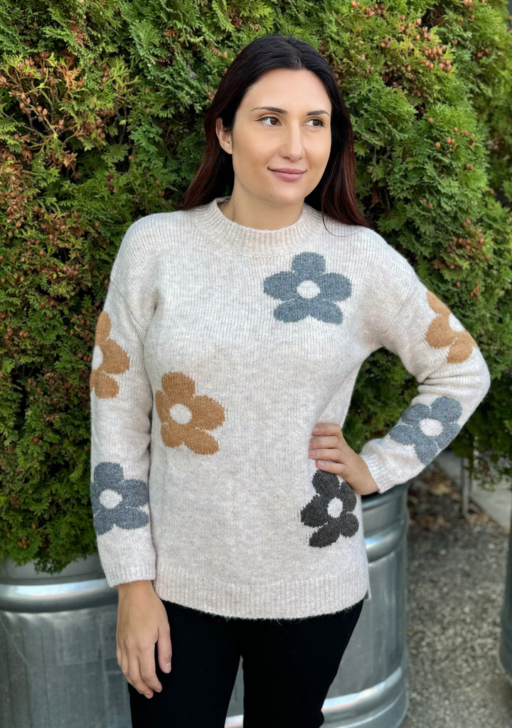 LIVELY FLOWER CREW NECK SWEATER