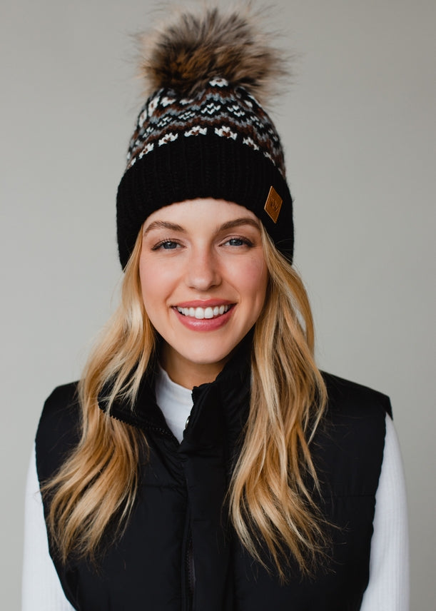 BLACK, WHITE & BROWN FAIR ISLE POM HAT