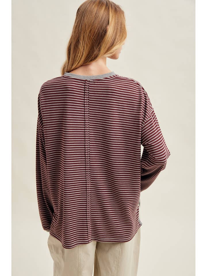 BURGUNDY & HEATHER GREY STRIPE EASY FIT KNIT TOP