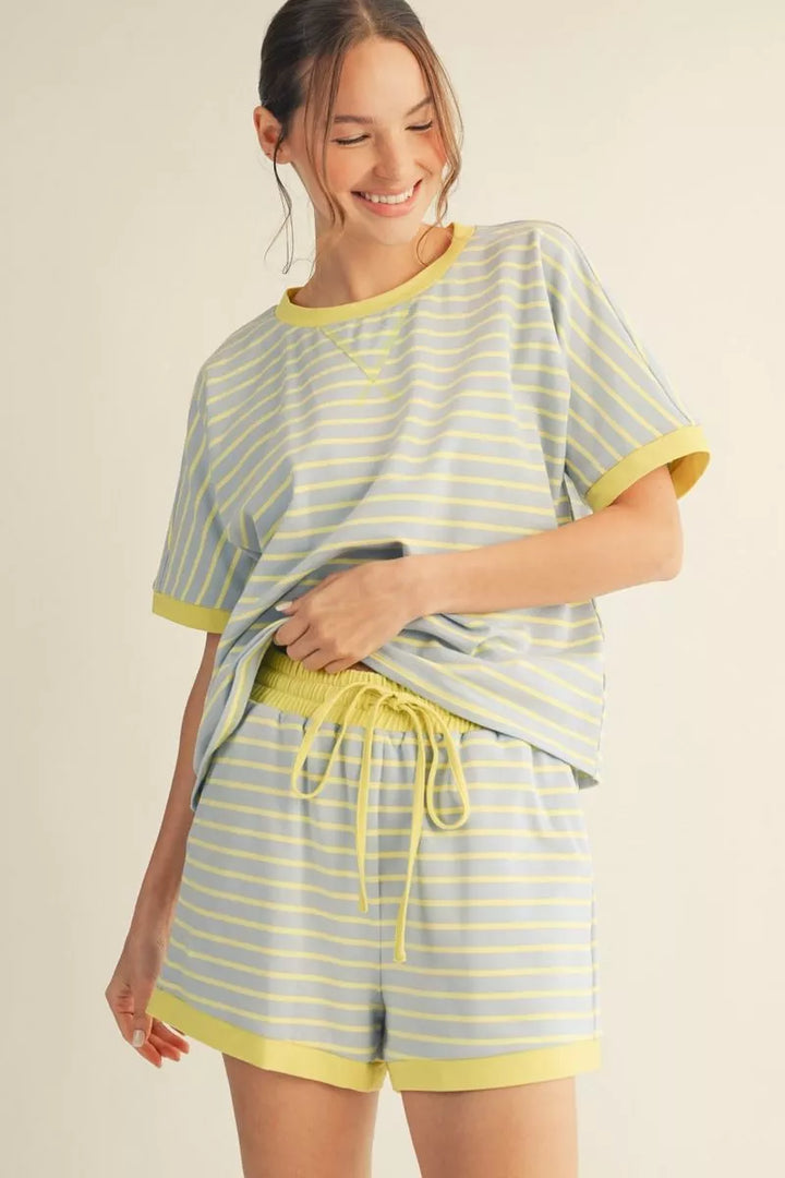 BABY BLUE & BUTTER YELLOW STRIPE SHORT SET