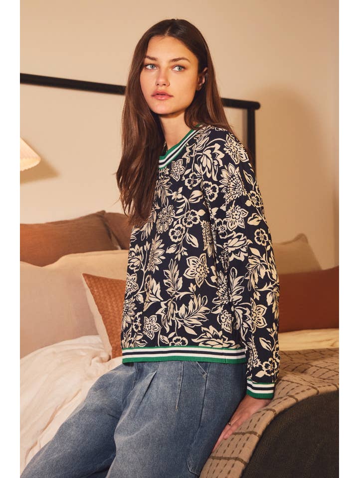NAVY CASCADING FLORAL KNIT CREW TOP