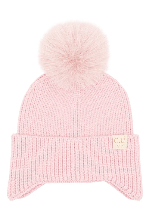 YOUTH PINK EAR FLAP POM HAT
