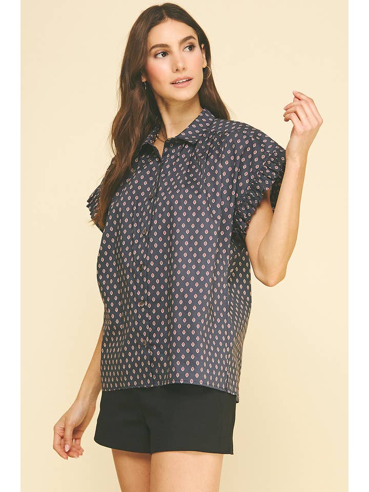 GEOMETRIC DIAMOND PRINT CAP SLEEVE SHIRT