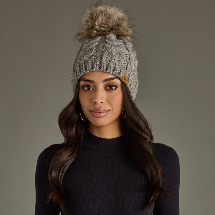 GRAY CABLE KNIT POM HAT