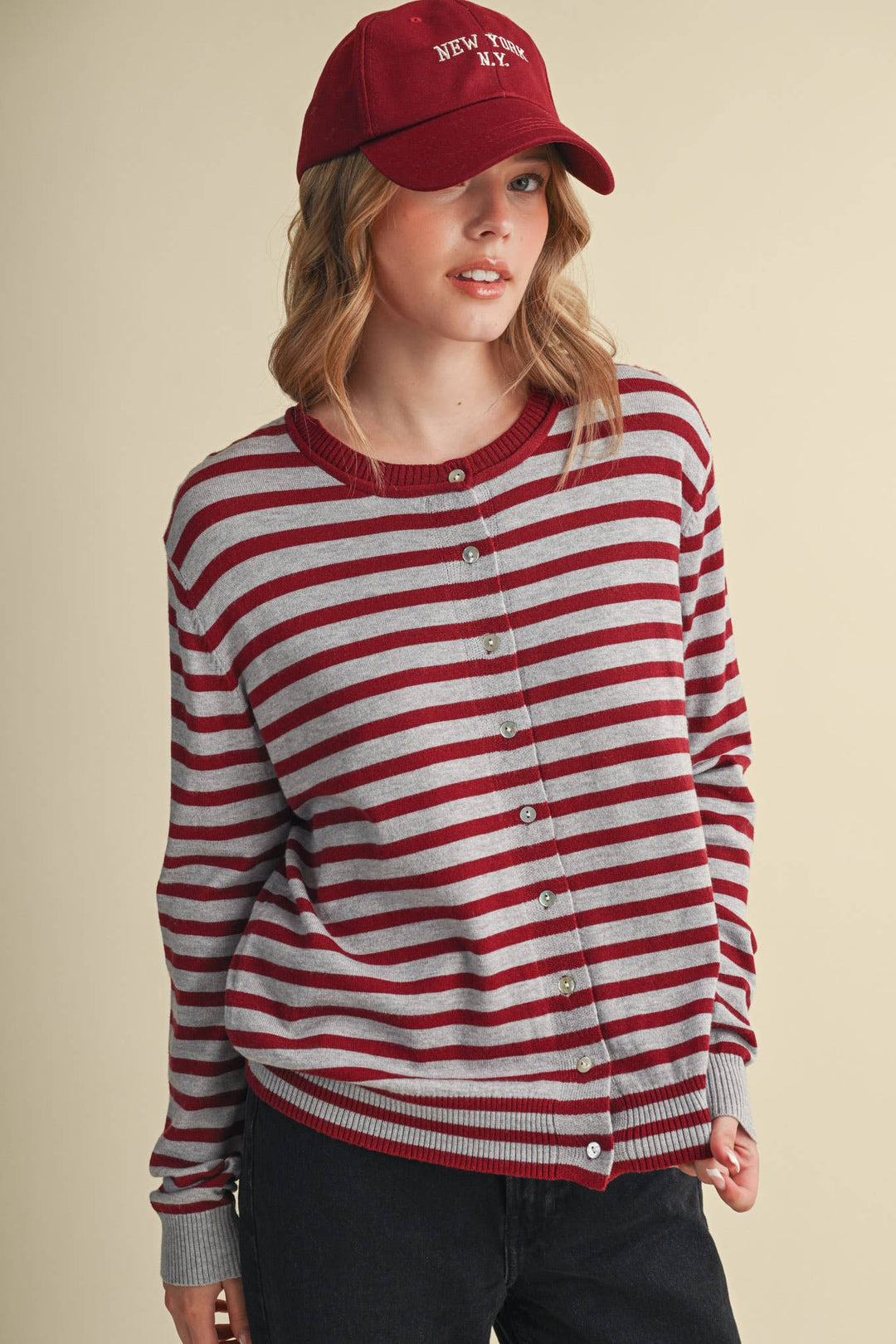 MAROON CAMPUS STRIPE CARDIGAN