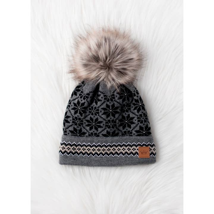 BLACK GREY & TAN SNOWFLAKE POM HAT