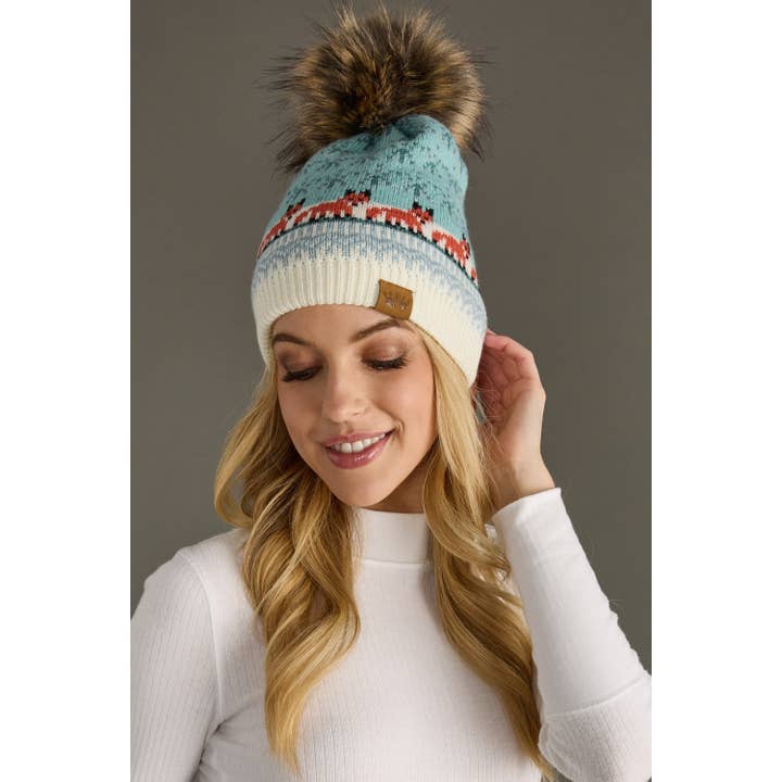 LIGHT BLUE FOX PATTERN POM HAT
