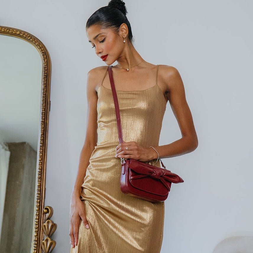 FAYE CRANBERRY KNOTTED BOW CROSSBODY CLUTCH