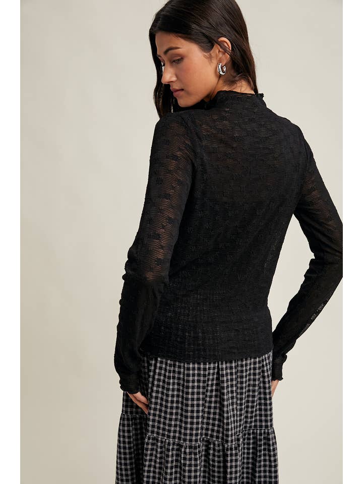 BLACK FLORAL LACE  MESH MOCK NECK TOP