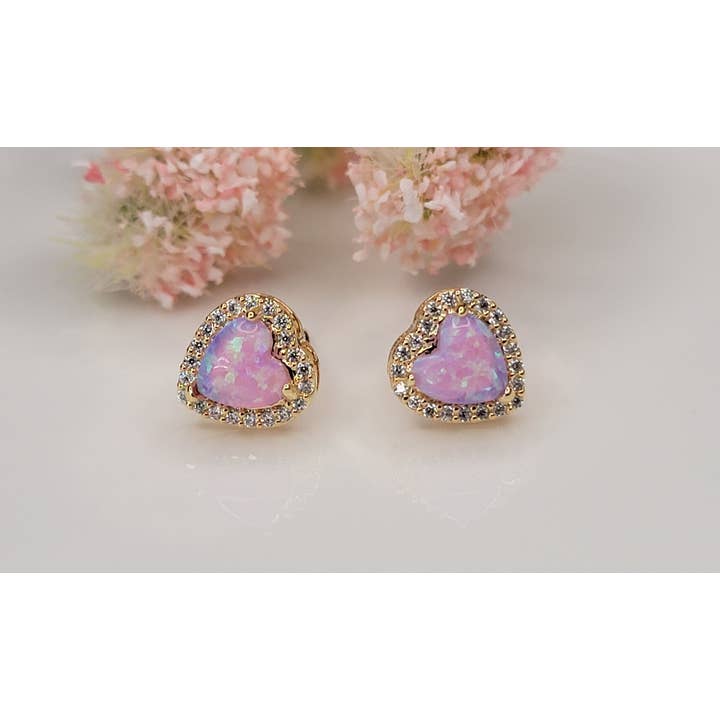 PINK OPAL HEART POST EARRINGS
