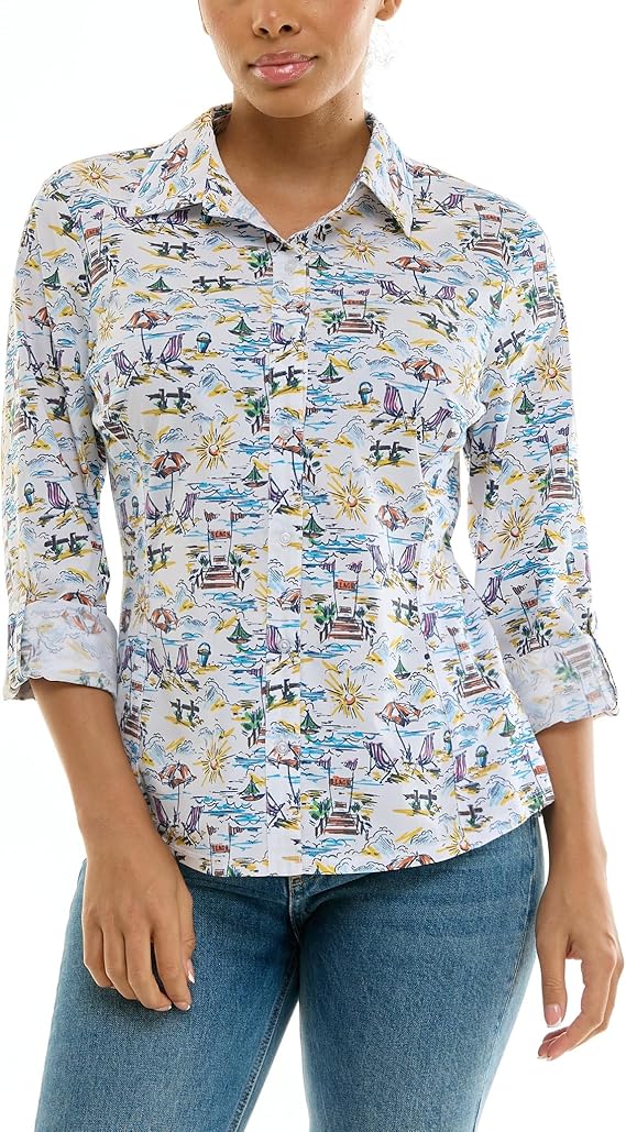 JODI BEACH SCENE STRETCH BUTTON UP SHIRT