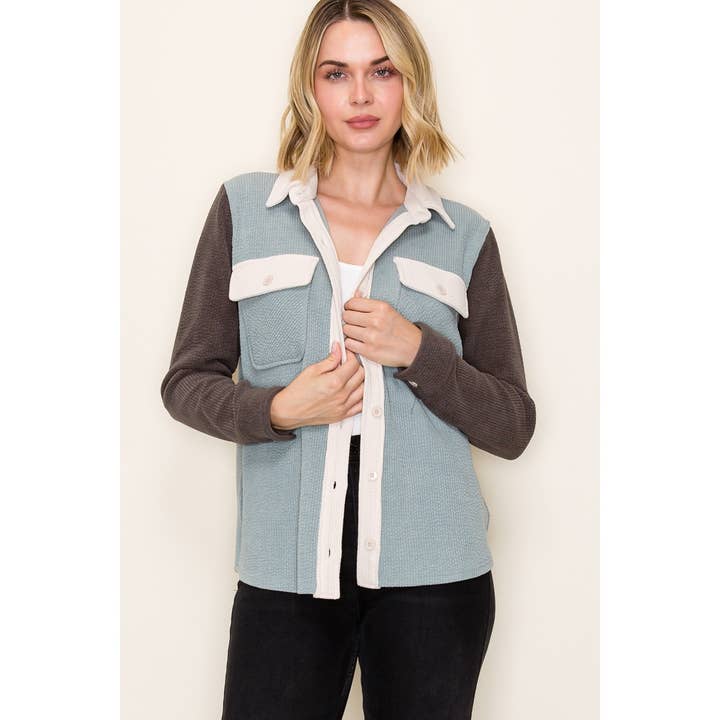 AQUA & MOCHA COLORBLOCK TEXTURED SHACKET
